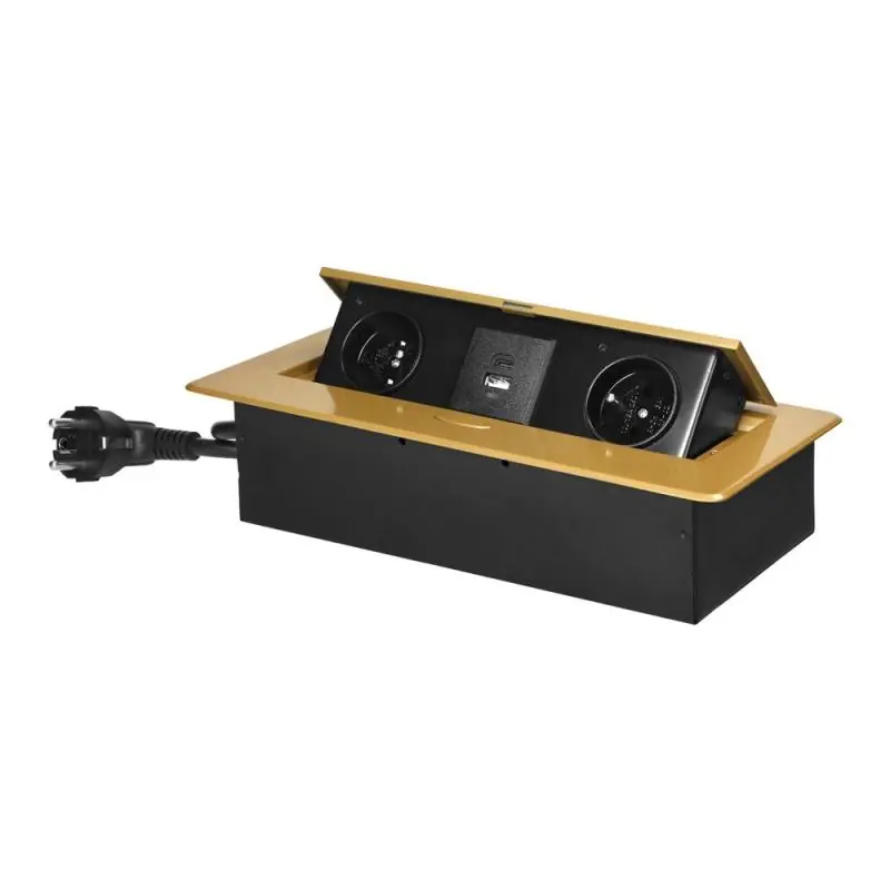 Klienci polecają - Gniazdo meblowe wpuszczane w blat, uchylne, 2x230V typ E, USB-A/USB-C 3,6A, kabel 1,5 m, złote