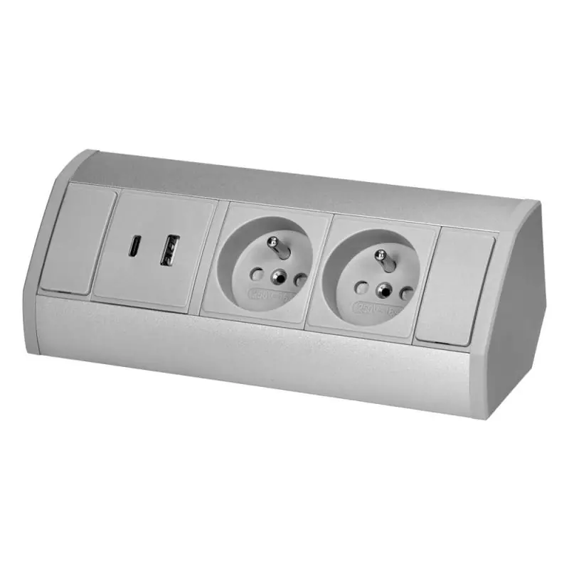 Oferta limitowana | Gniazdo meblowe 2x2P+Z, 2xUSB (typ A+C, 2,4A), szaro-srebrne