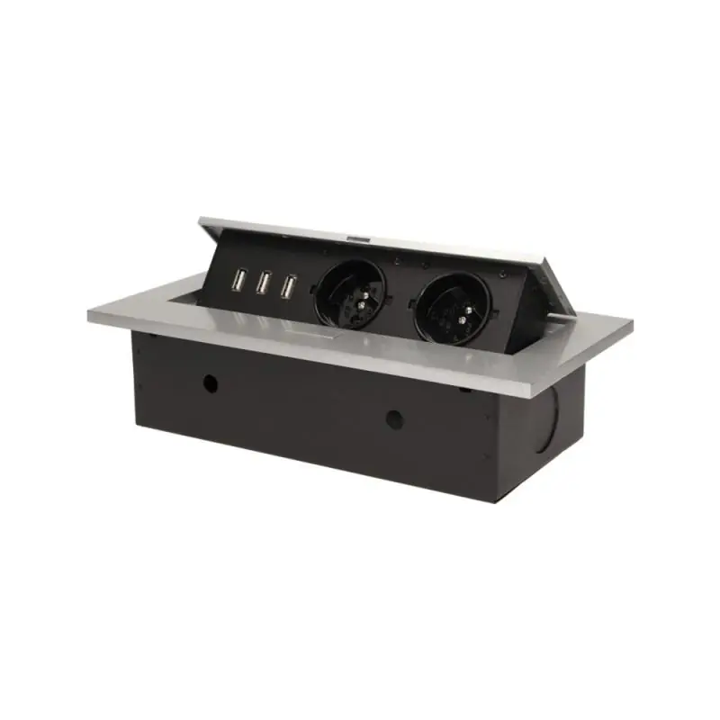 Sprawdzony wybór | Gniazda wpuszczane w blat 2x250V 3xUSB z grubym rantem OR-AE-1324 srebrny