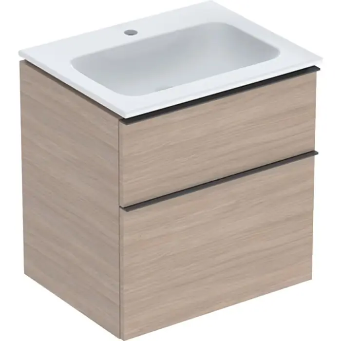 Zestaw umywalki meblowej icon slim rim, z szafką pod umywalkę, z dwoma szufladami i zestawem odpływowo-przelewowym do umywalki b=60cm, umywalka biały /keratect, korpus i front dąb / melaminowa struktura drewna, uchwyt lava / malowany proszkowo, m... 502.331.JH.1 - Dobra cena