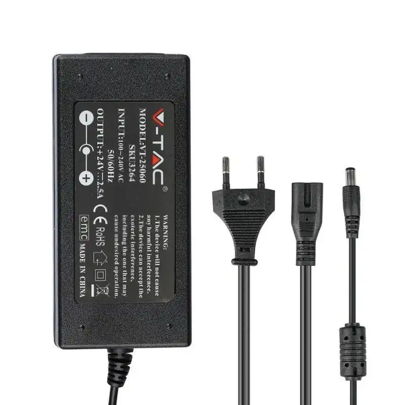 Bezpośrednio od producenta - Zasilacz LED V-TAC desktop 60W 24V 2,5A IP44 wtyczkowy desktop z przewodami VT-25060